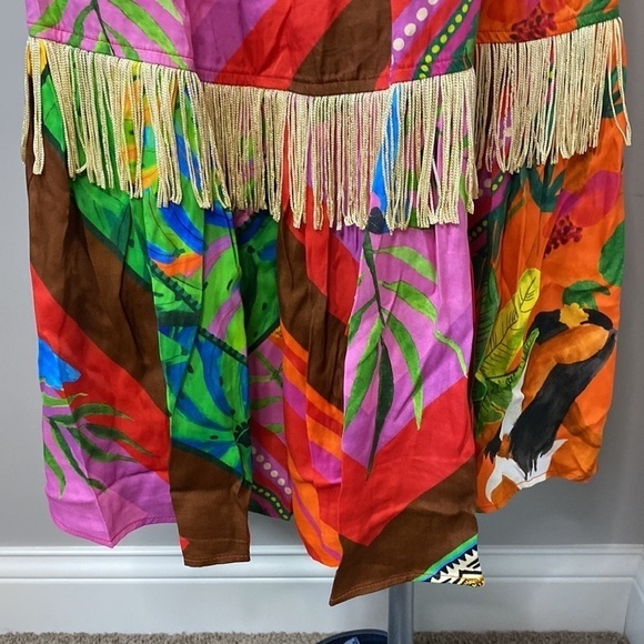 Farm Rio Anthropologie Dress Palila Tropical Printed Fringe Casual Midi Sz S NEW - Picture 7 of 16